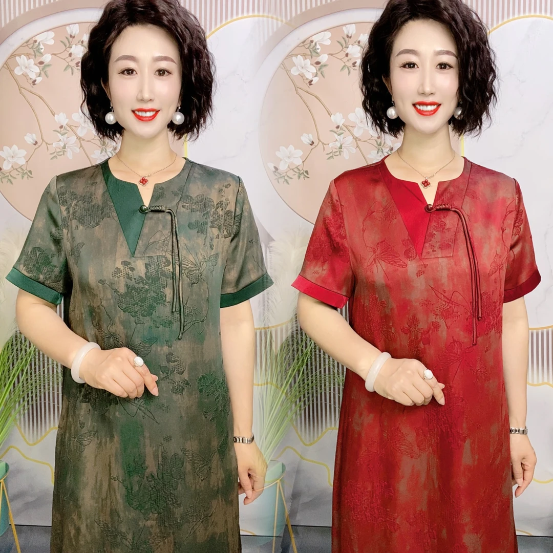 306-2025-41新式浮雕提花步摇V领气质时尚显瘦妈妈裙