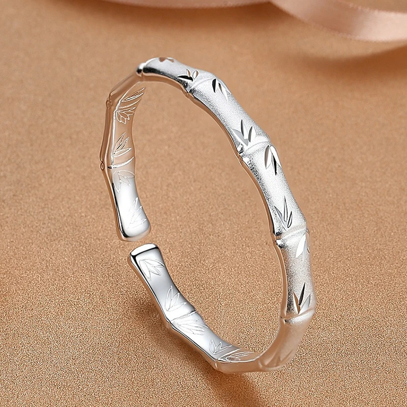 足银手镯 竹报平安手镯足银9999实心开口磨砂手饰新款送女朋友