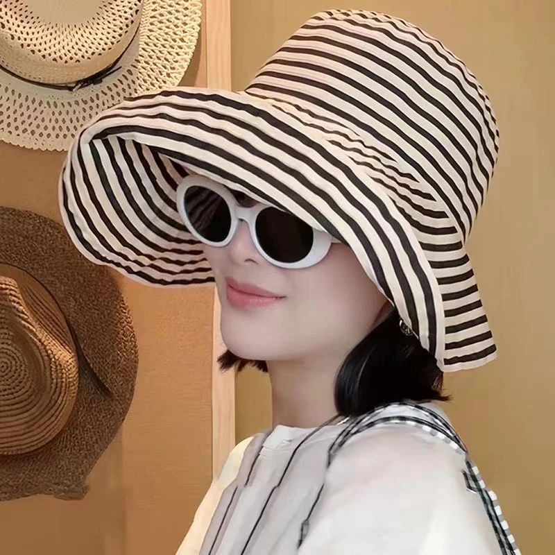 新款日系可折叠夏季条纹渔夫帽女新款长防晒帽子时尚盆帽大头围太