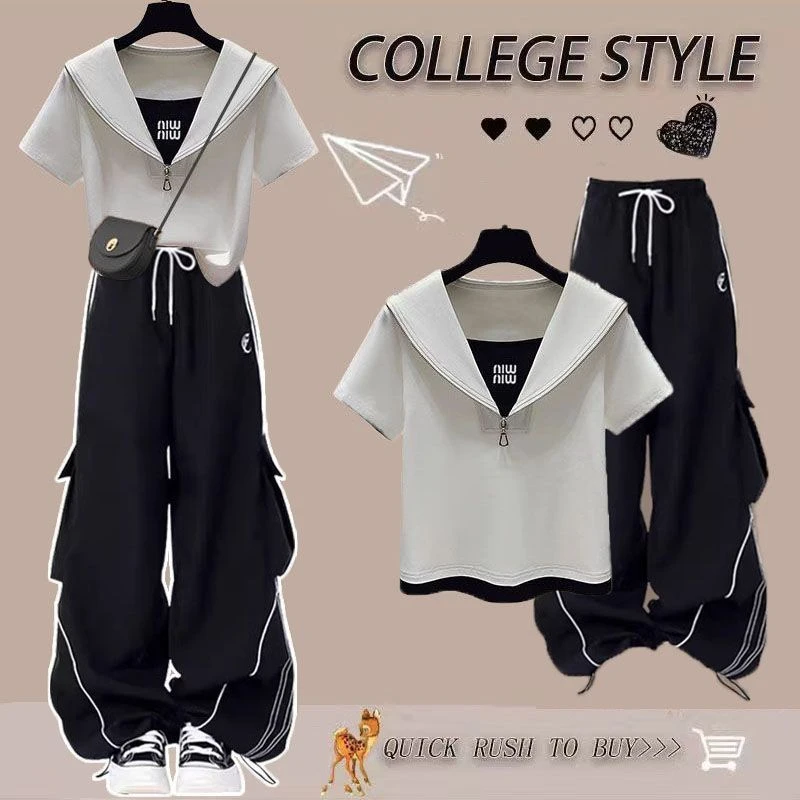 夏季套装女学生韩版宽松设计感拼接短袖T恤+高腰帅气工装裤两件套
