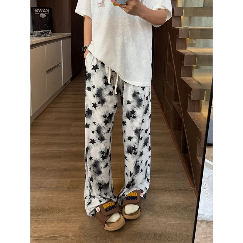 美式潮牌冰丝星星裤子男款夏季慵懒松弛感休闲长裤宽松垂感遛弯裤