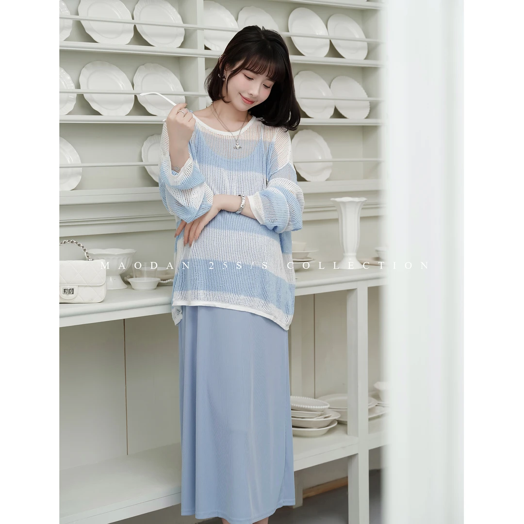 maodan/猫单【冰蓝晴海】孕妇装2025新款春夏镂空条纹罩衫温柔洋气.