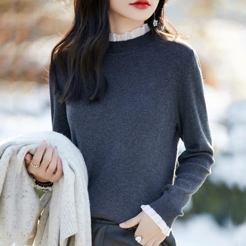 直播间爆款秋冬款女修身针织纯100羊毛衫蕾丝花边领拼接打底毛衣