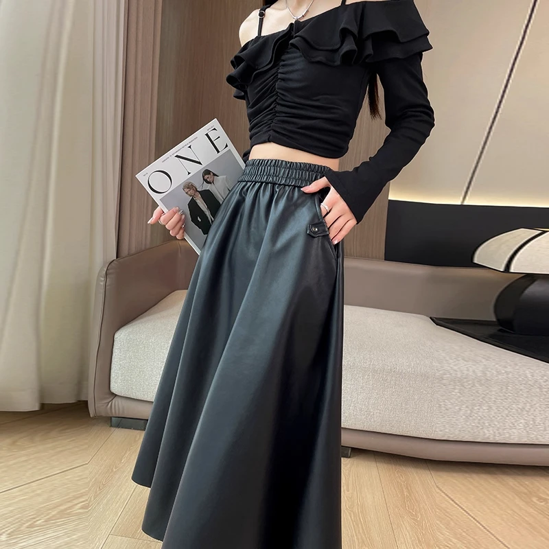 黑色皮裙半身裙女2025年秋季新款高腰显瘦松紧腰PU皮大裙摆A字裙