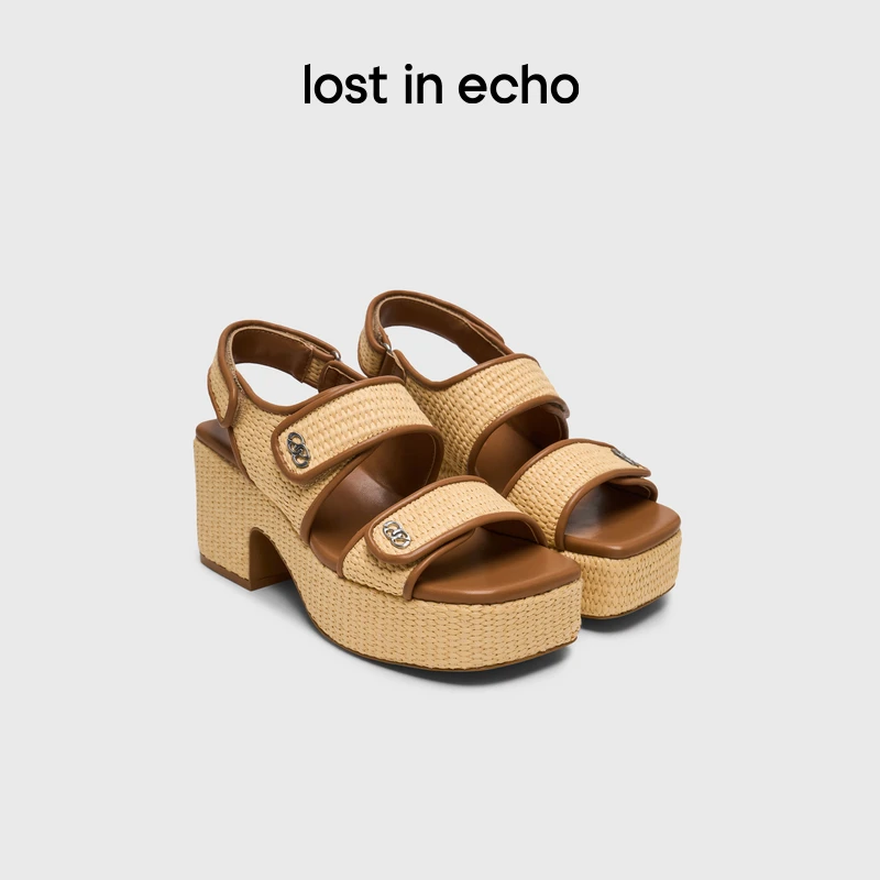 lostinecho【达人专属】夏季新款度假风双条带草编厚底增高粗跟凉鞋