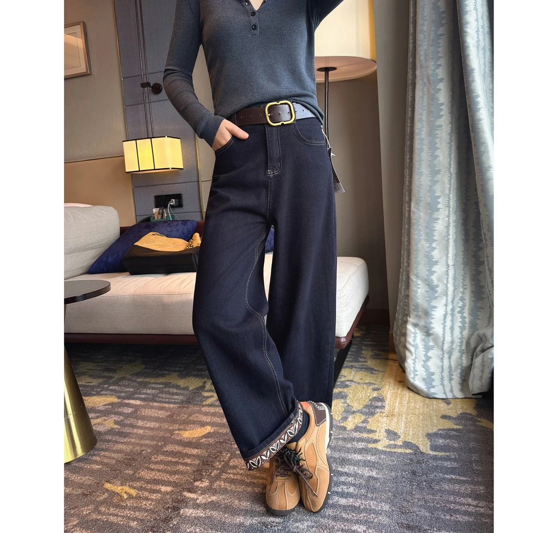 欧货花边拼接窄版阔腿牛仔裤女2025年秋季新款高腰垂感直筒九分裤