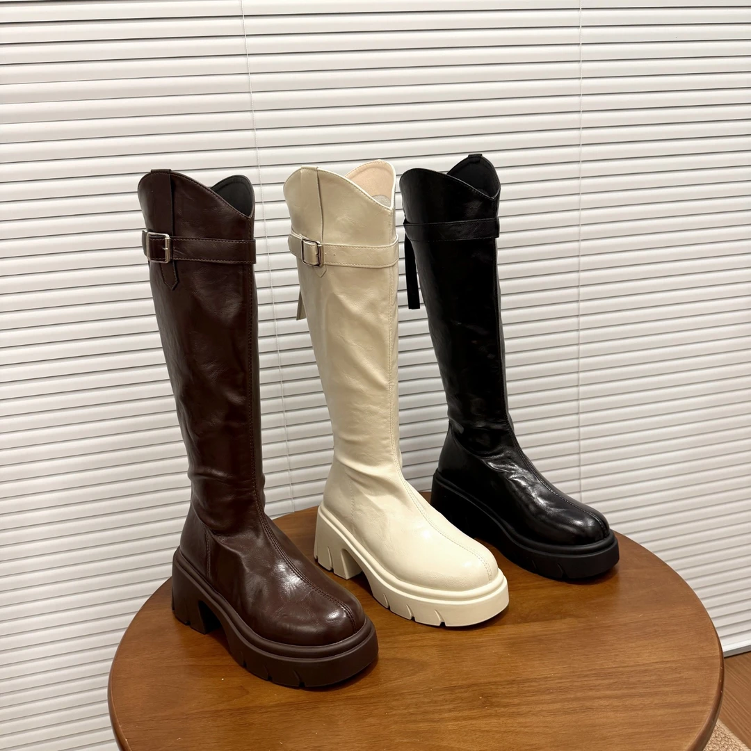 2025秋季新款v口真皮长筒靴不过膝厚底增高时装靴不掉筒骑士靴