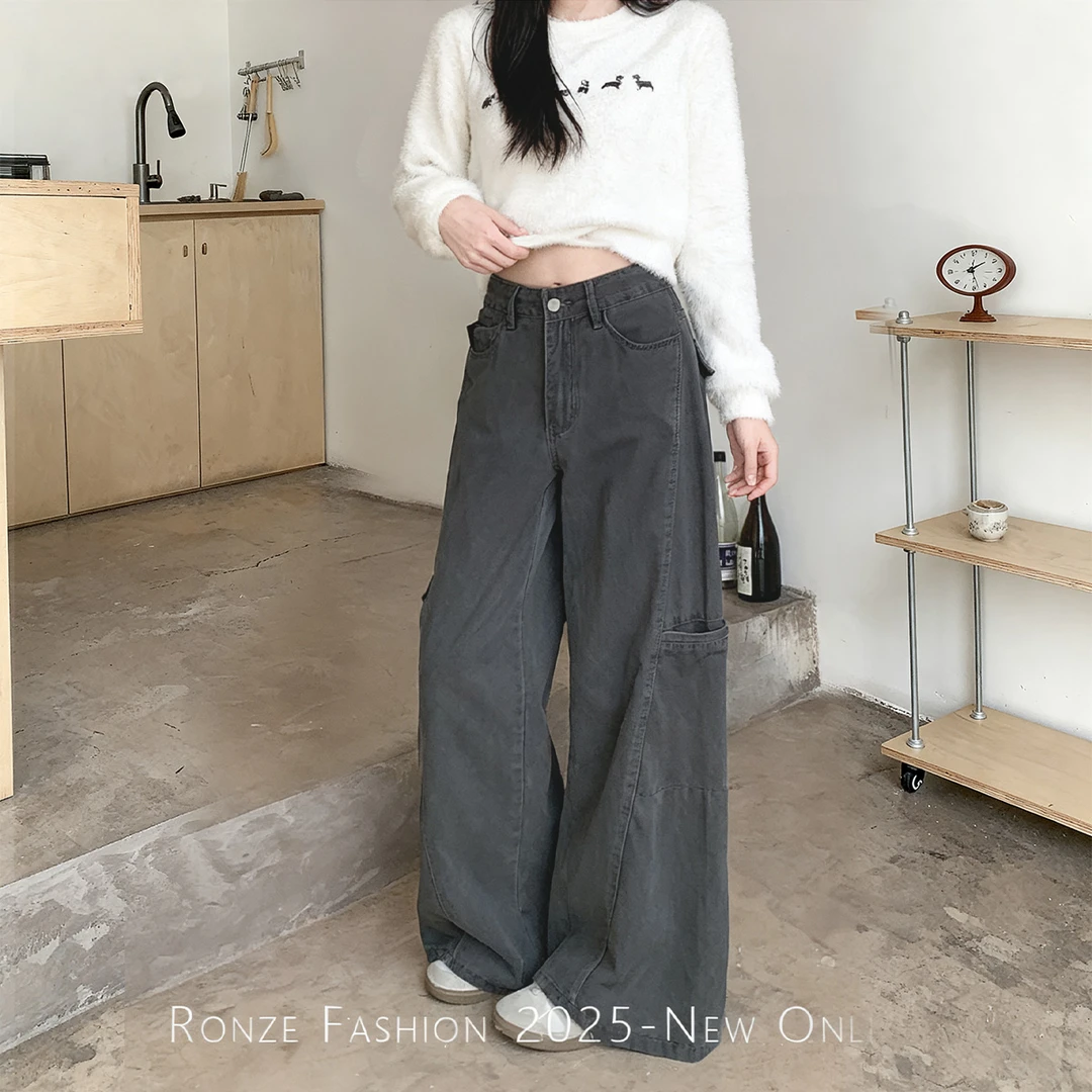 初秋美式复古高街阔腿牛仔工装裤显瘦垂感阔腿裤