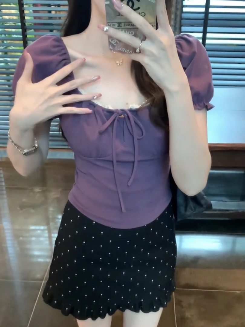 法式纯欲风蕾丝花边短袖t恤女夏季小个子修身显瘦泡泡袖短款上衣