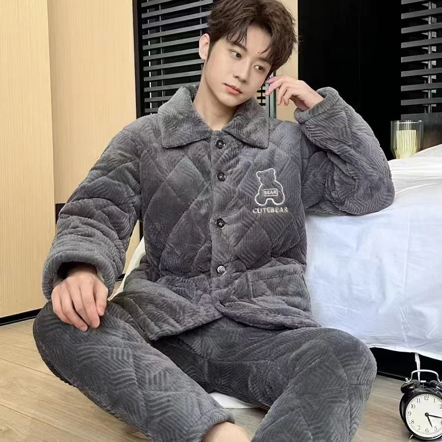 冬款三层夹棉睡衣男款蚂蚁绒宝宝绒睡衣保暖加厚加绒