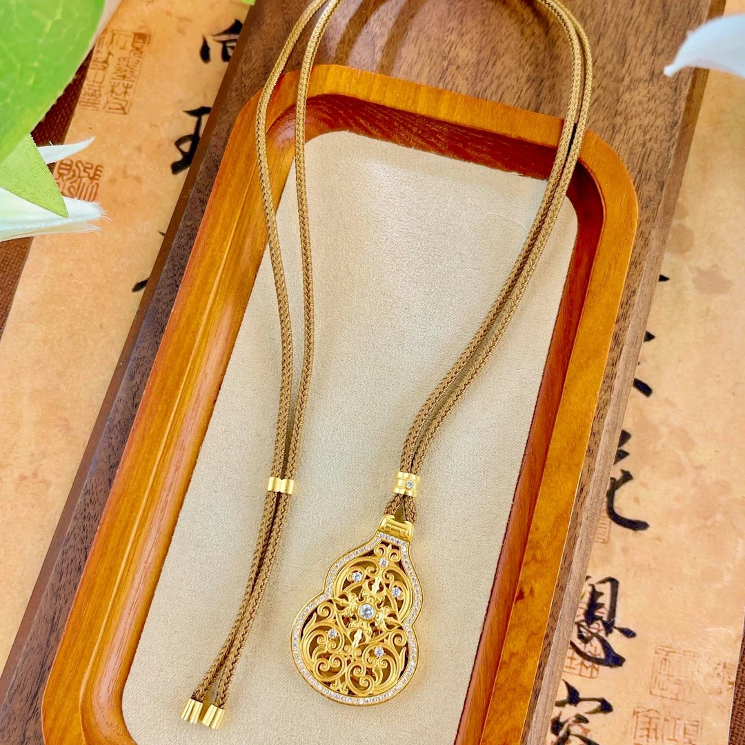 欧比 吊坠925银 新中式加厚镀金古法镂空葫芦项链长款吊坠