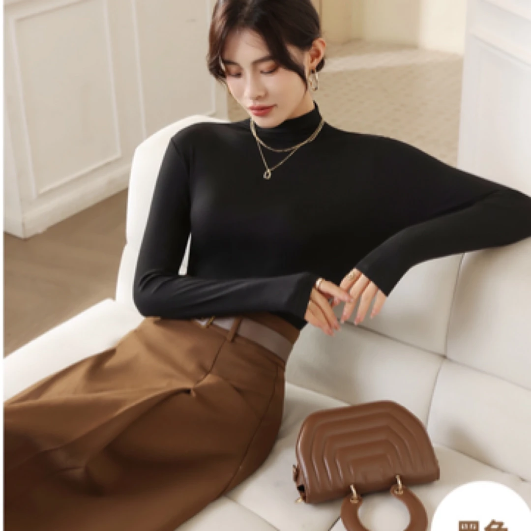 长袖t恤女2025秋季新款紧身半高领打底衫女内搭显瘦百搭上衣