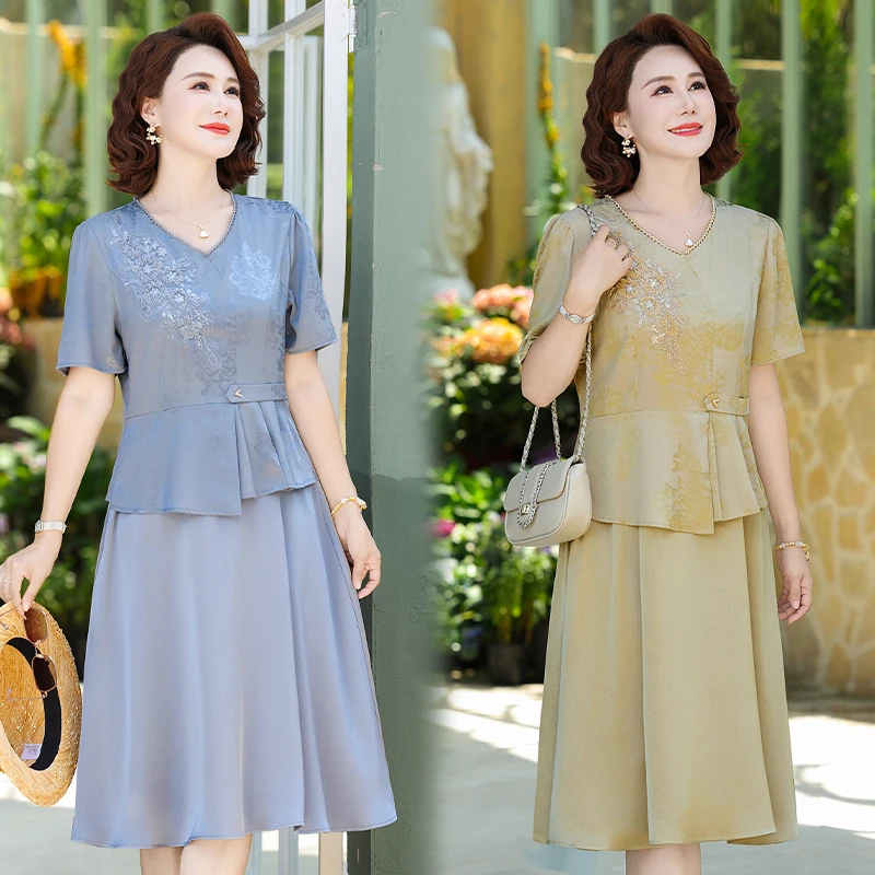 洋气妈妈装夏季新款连衣裙时尚国风款中老年女装气质遮肚过膝裙子