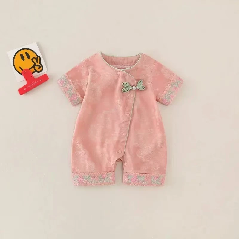 新生婴儿夏季短袖锦缎国风新款男女宝宝外出服短爬连体衣薄款幼儿