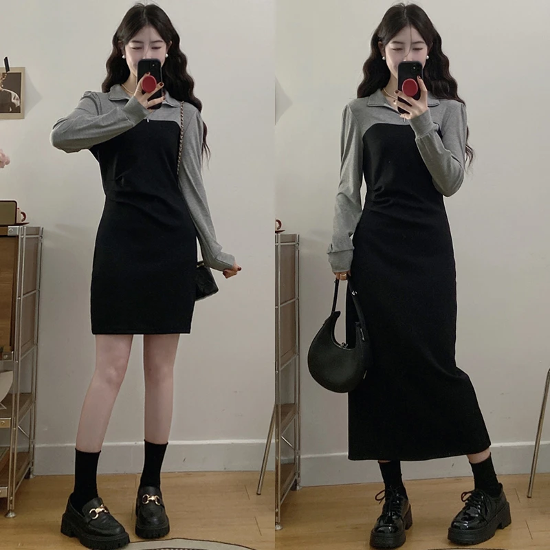 大码胖mm秋冬新款收腰遮胯显瘦裙子女装气质高级感撞色高领连衣裙