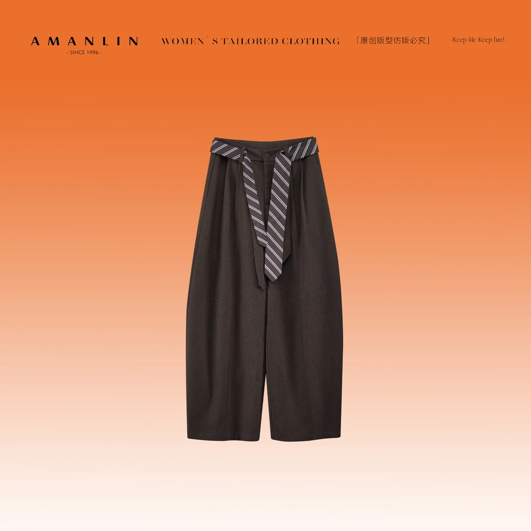 AMANLIN/阿谩琳琥珀流美式复古高级感休闲高腰显瘦弯刀裤Y601605