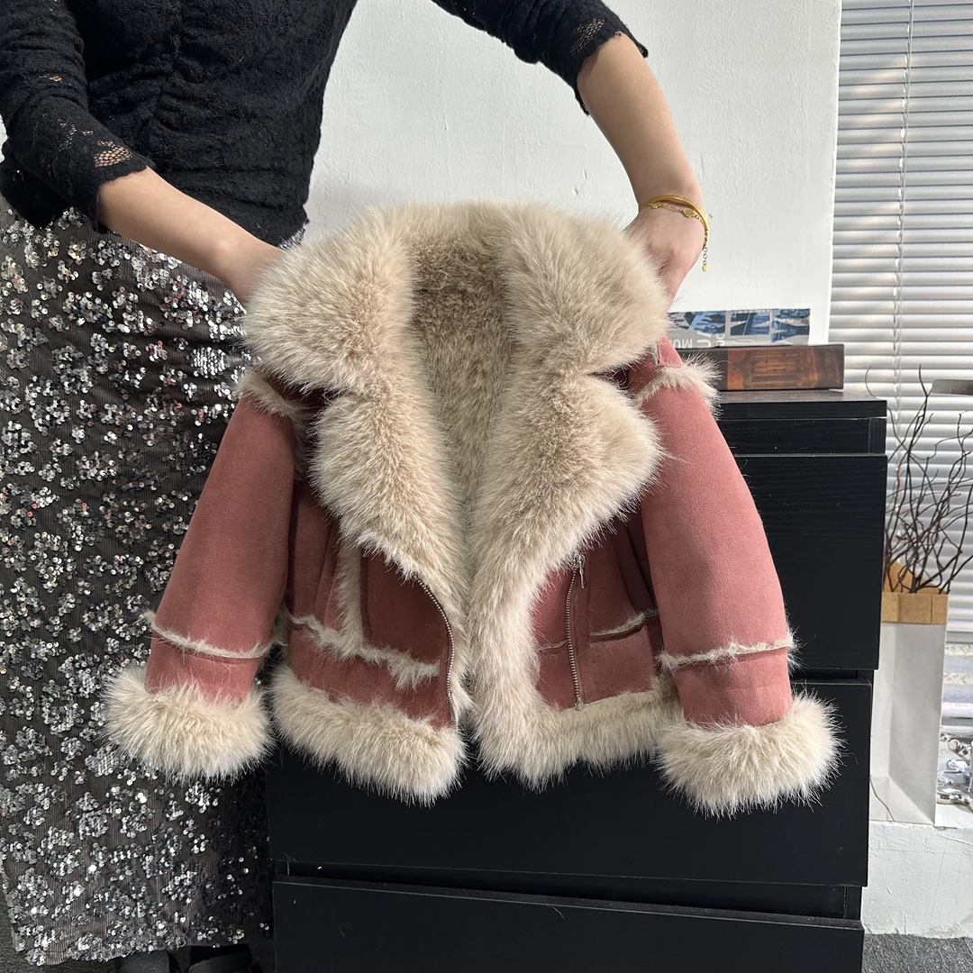 女童毛毛外套冬季冰莓粉机车服短款韩版加绒加厚网红上衣秋冬