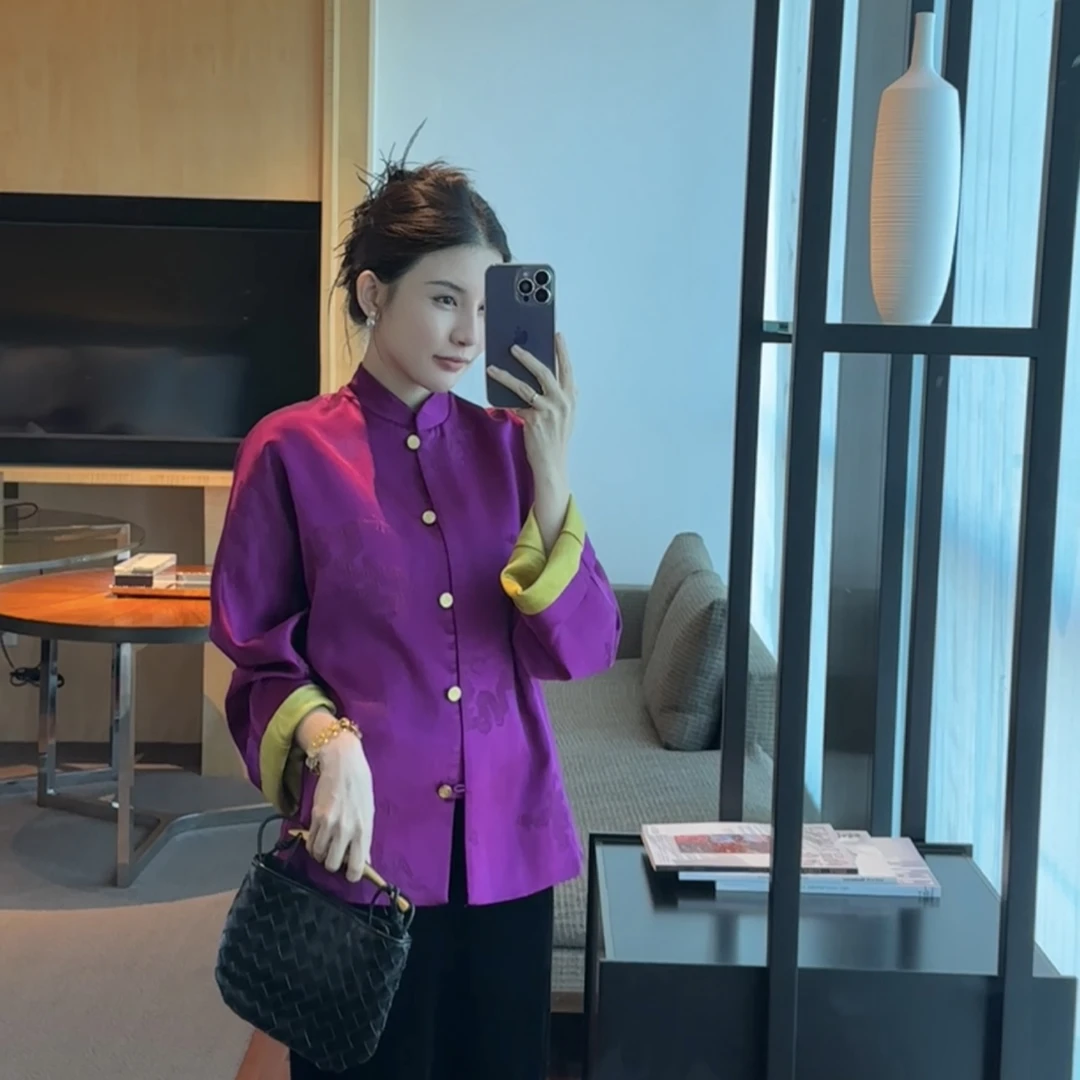 温温【紫气东来】中式潮牌真丝提花冠乐绉立领紫色外套 376807