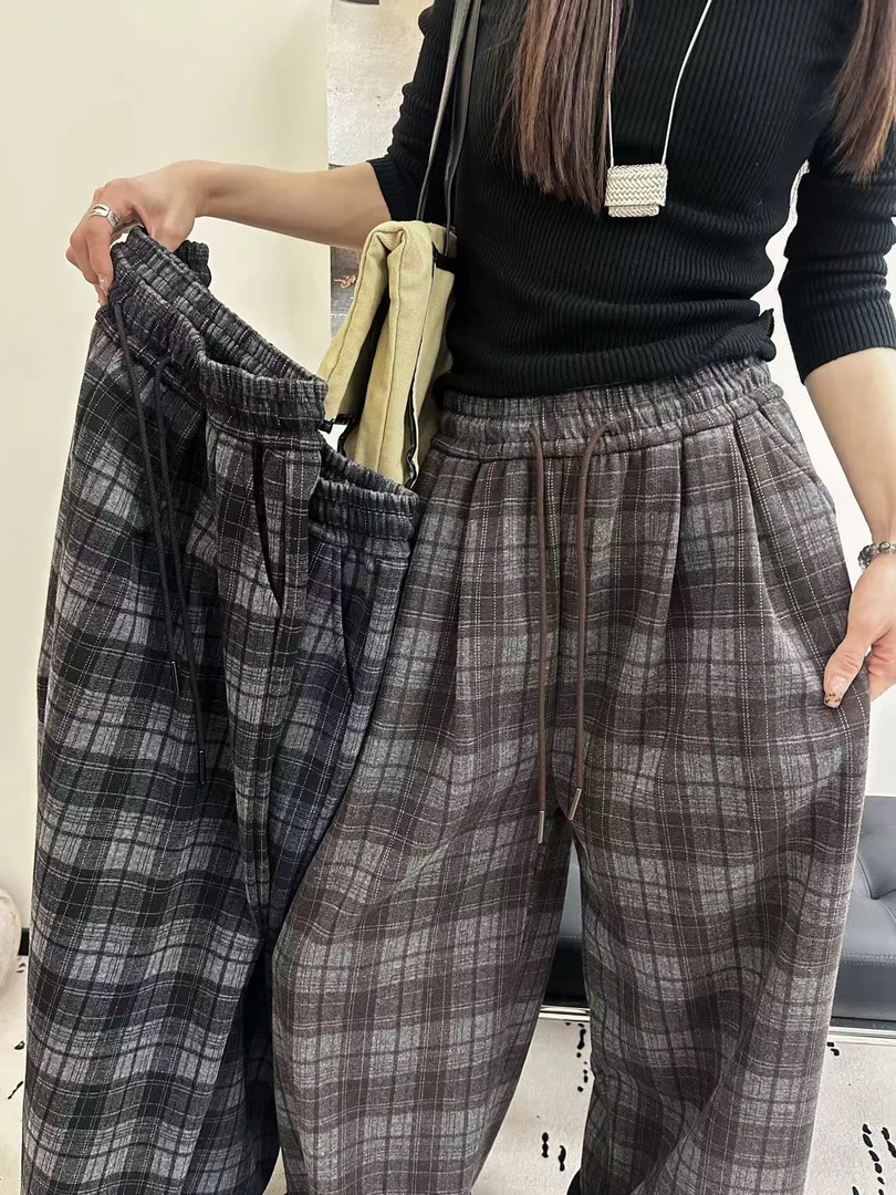 秋冬款!加绒加厚格子裤窄版阔腿休闲裤女款宽松高品质原创百搭