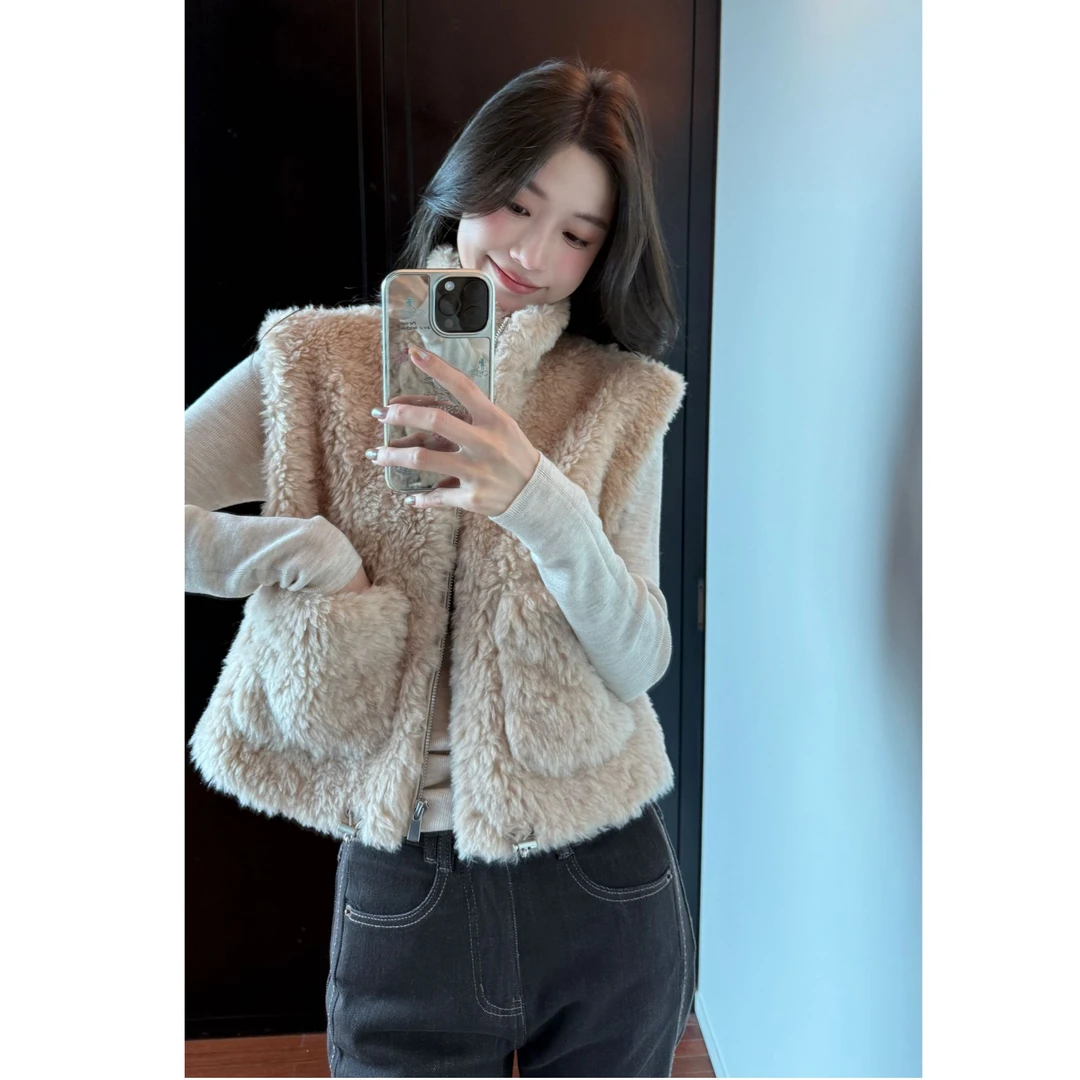 4-SMILEME【昆仑积雪】100%羊毛软黄金皮毛一体马甲外套R5357002