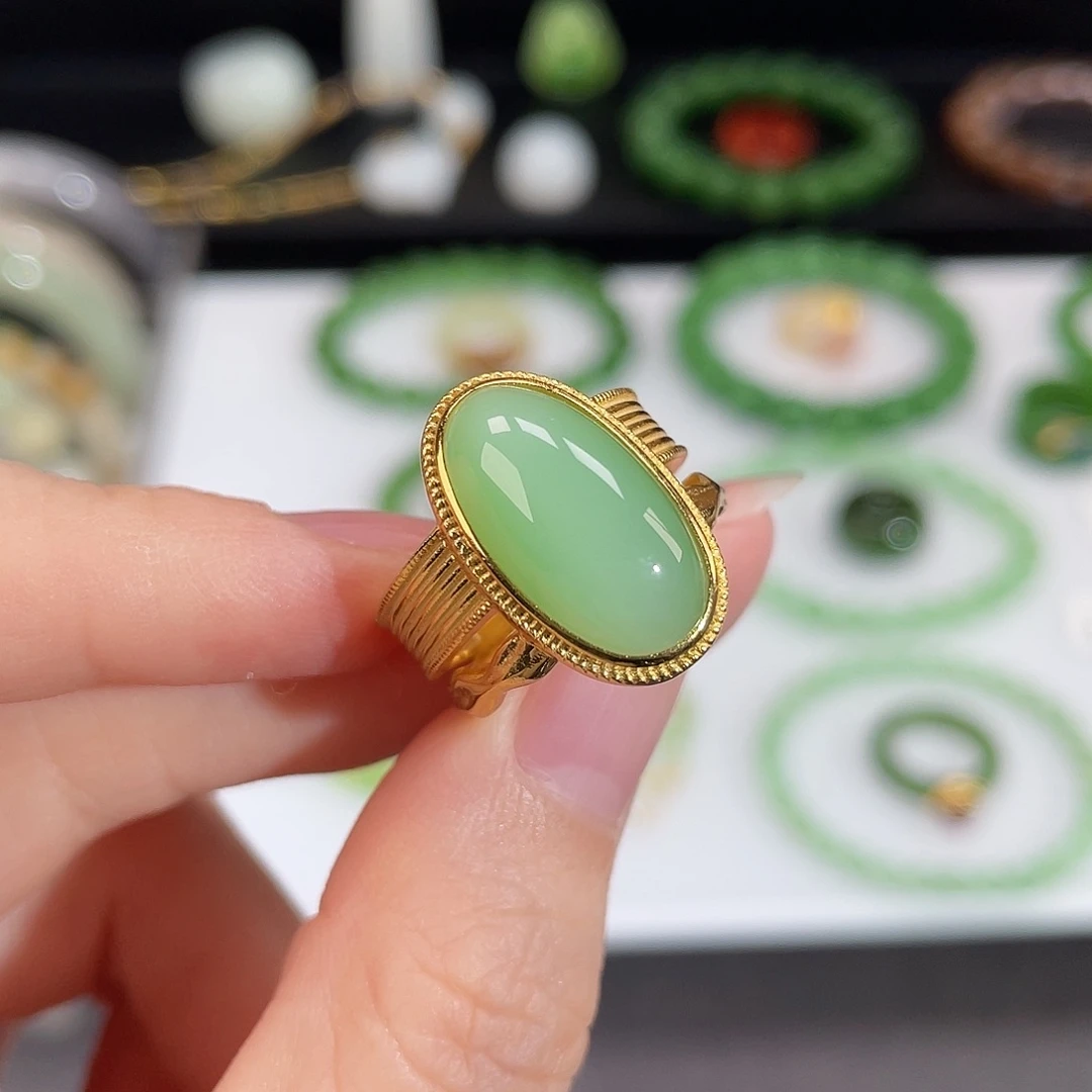 和田玉（碧玉）银S925镀金镶嵌戒指