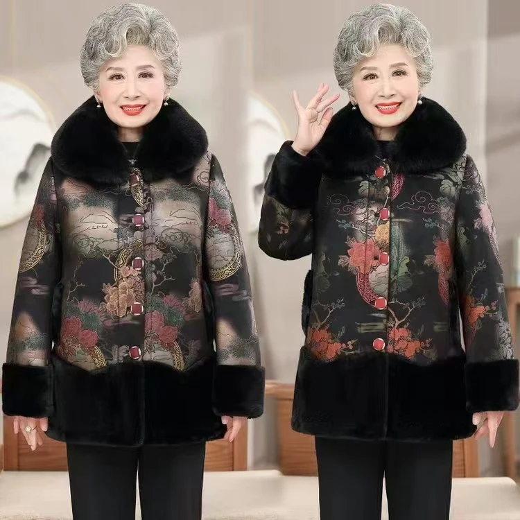 7736-奶奶老年人冬装加绒加厚棉衣大衣妈妈外套【货位3号仓】