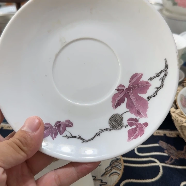 醴陵群力手绘枫叶杯碟有落渣