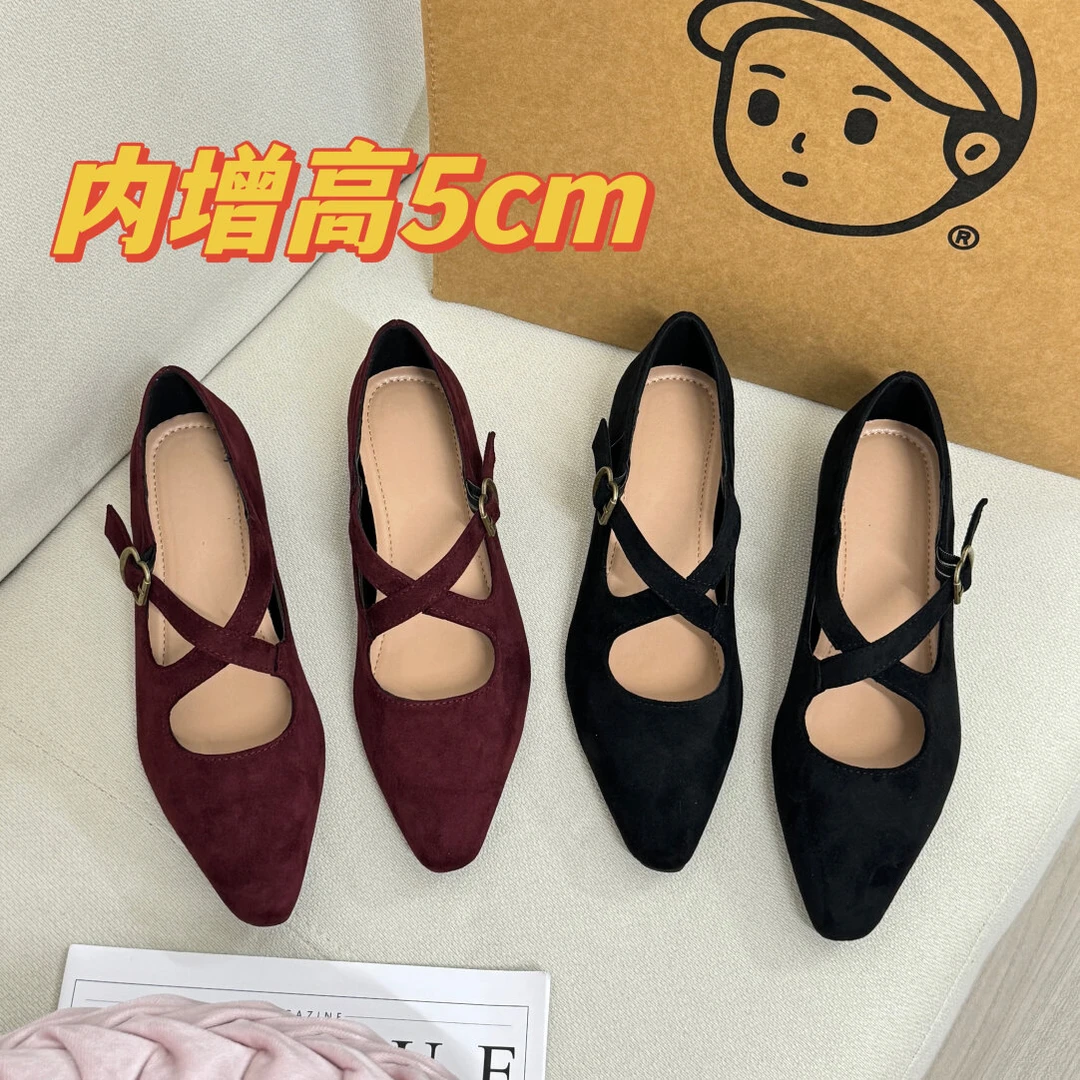 小个子内增高5cm法式单鞋女复古交叉玛丽珍尖头简约气质显白女鞋