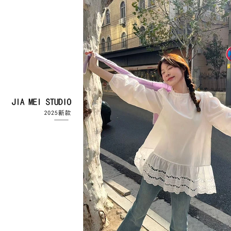 L090春装新款甜美蕾丝边白色长袖上衣女宽松百搭休闲时尚洋气衬衫