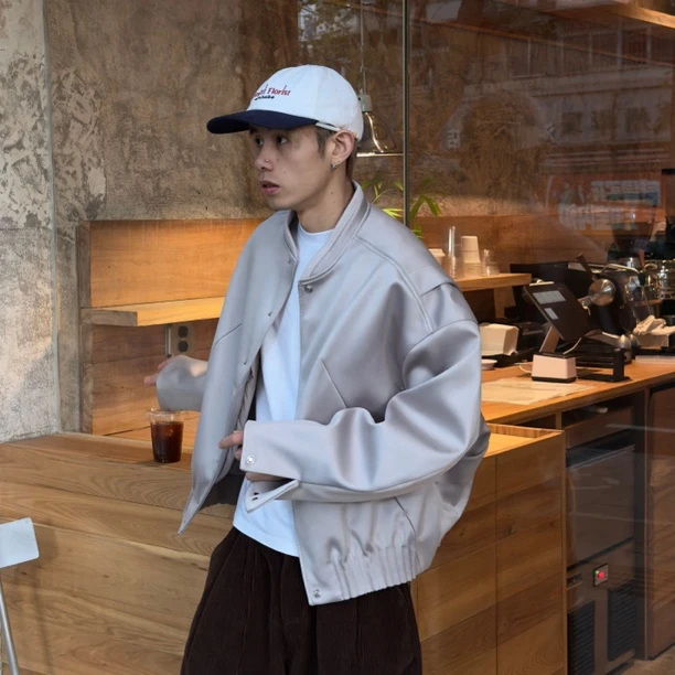 90白鹅绒缎面痞帅棒球领飞行夹克男女美式复古廓形宽松羽绒服外套