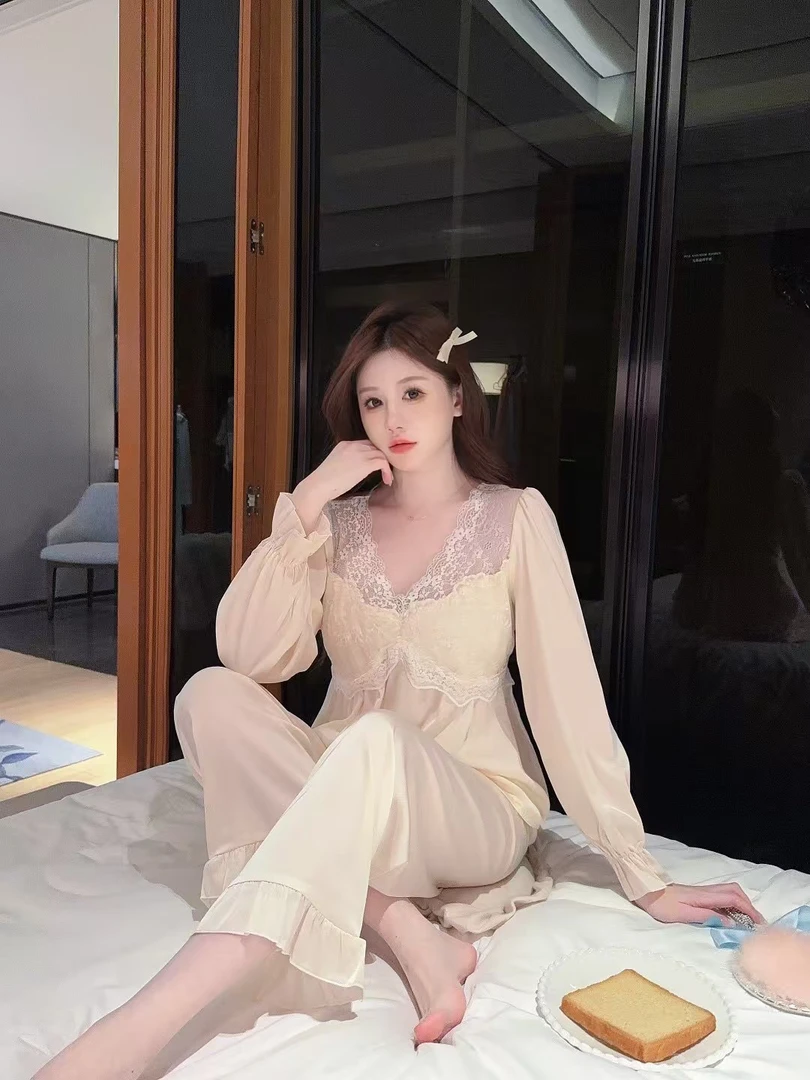 【花嫁】蕾丝拼接带胸垫睡衣女春秋四季款套装家居服睡衣女士