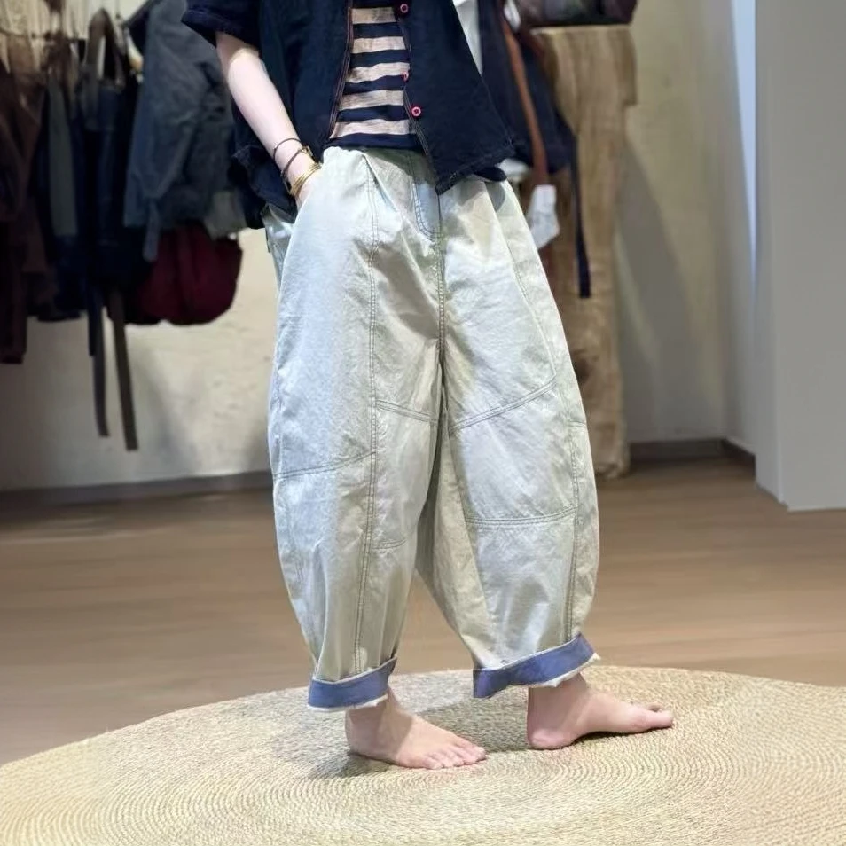 忆古朴拙色织棉撞色腰脚口小翻边裤子休闲裤250518