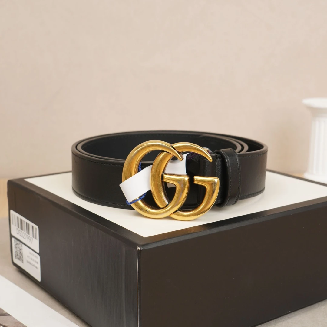 95新 GUCCI/古驰 双g金扣光面皮带80黑金牛皮/盒子/尘袋DS027997