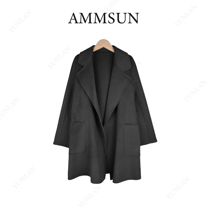 AMMSUN秋冬上新10%羊绒羊毛双面大衣女轻奢中长款系带修身