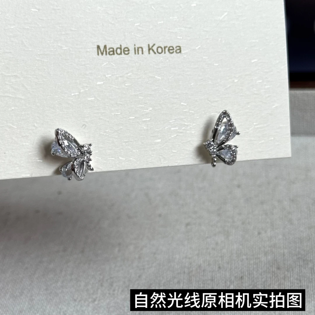 铜合金耳饰 爆闪蝴蝶满锆轻奢锆石耳钉小众高级感耳针-E043