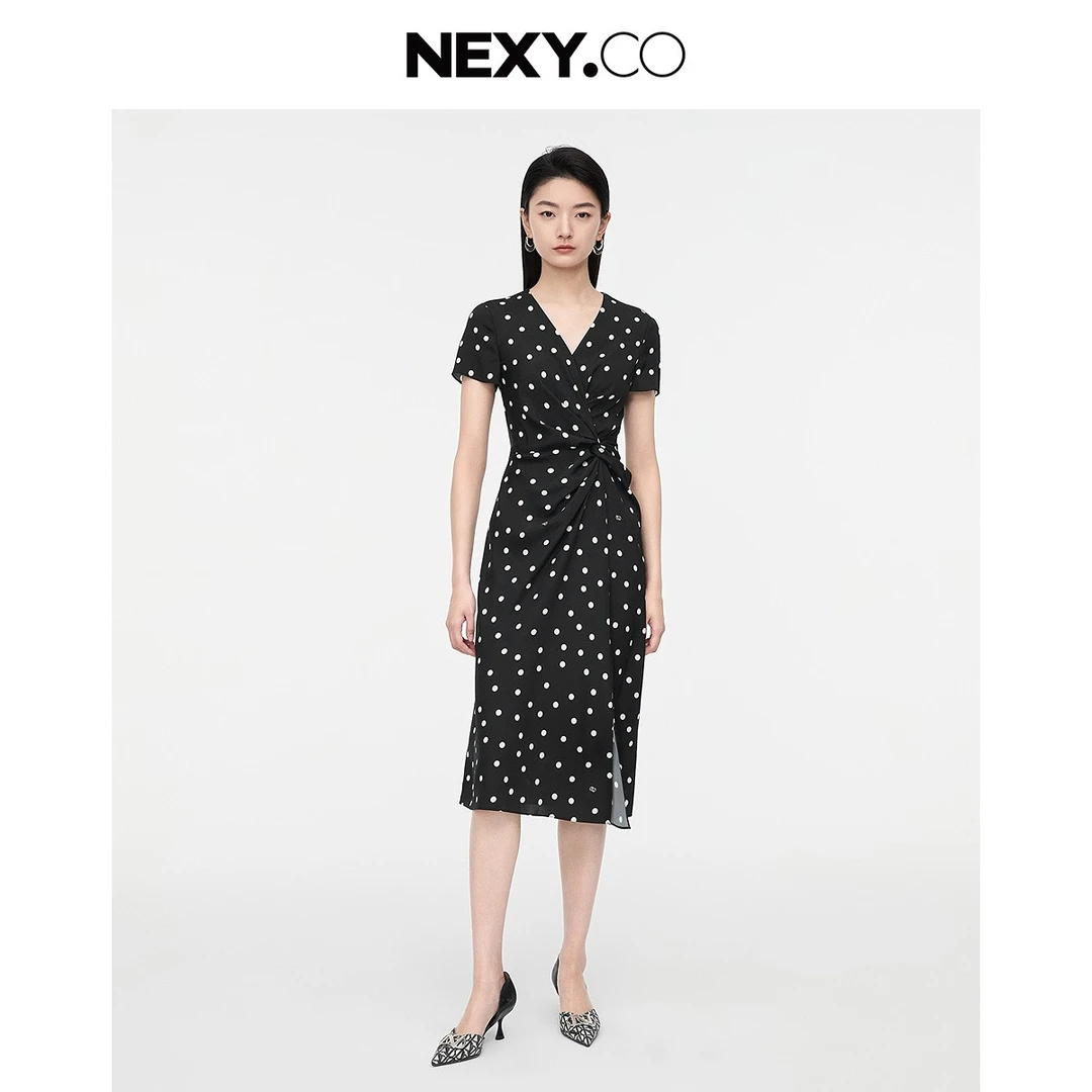 【婷婷专属】奈蔻25优雅时尚纽结设计开叉波点连衣裙XF06129