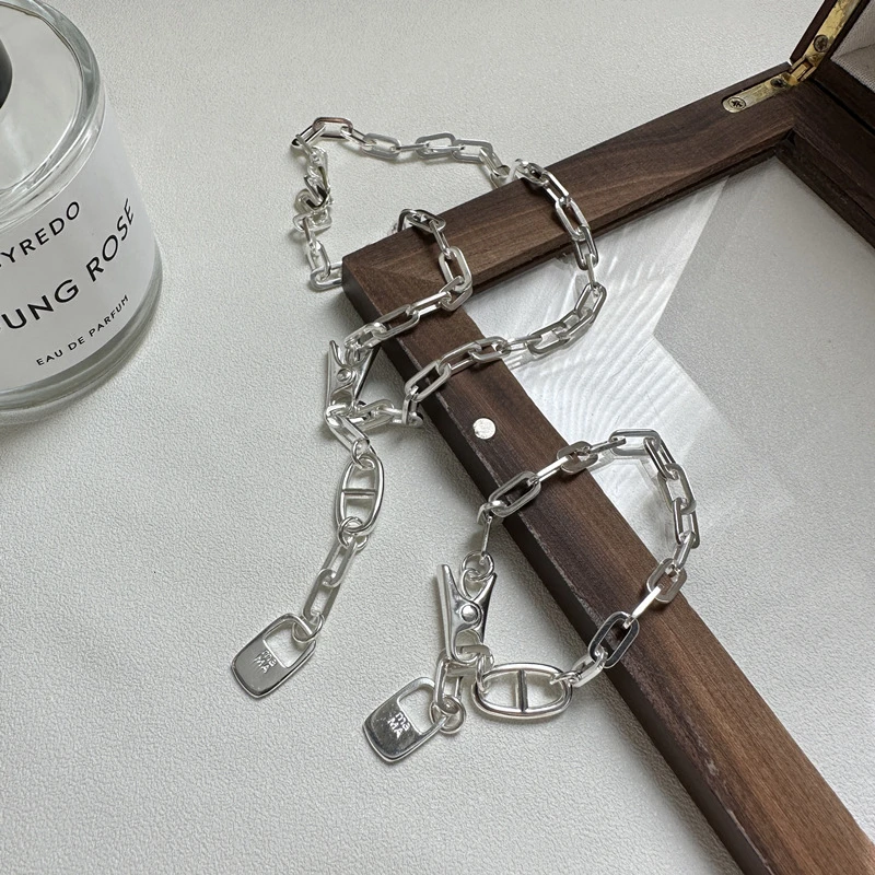 坠链均925银 韩版重工猪鼻子回形针项链时尚INS风小众夹子手链女