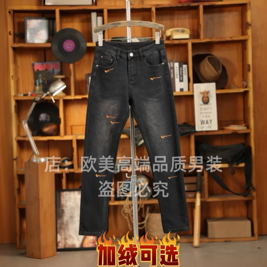 秋冬季加绒加厚款男士彩绘黑色牛仔裤修身小直筒弹力个性高街潮牌