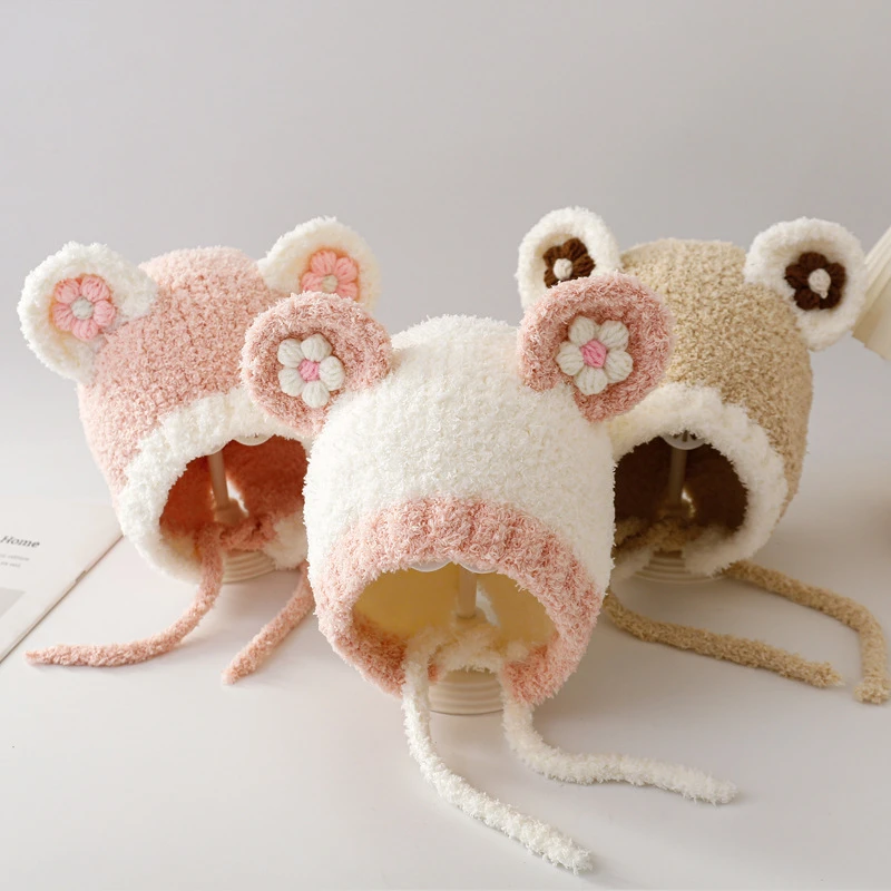 婴儿帽子秋冬季护耳洋气女宝宝针织毛绒帽冬天防风保