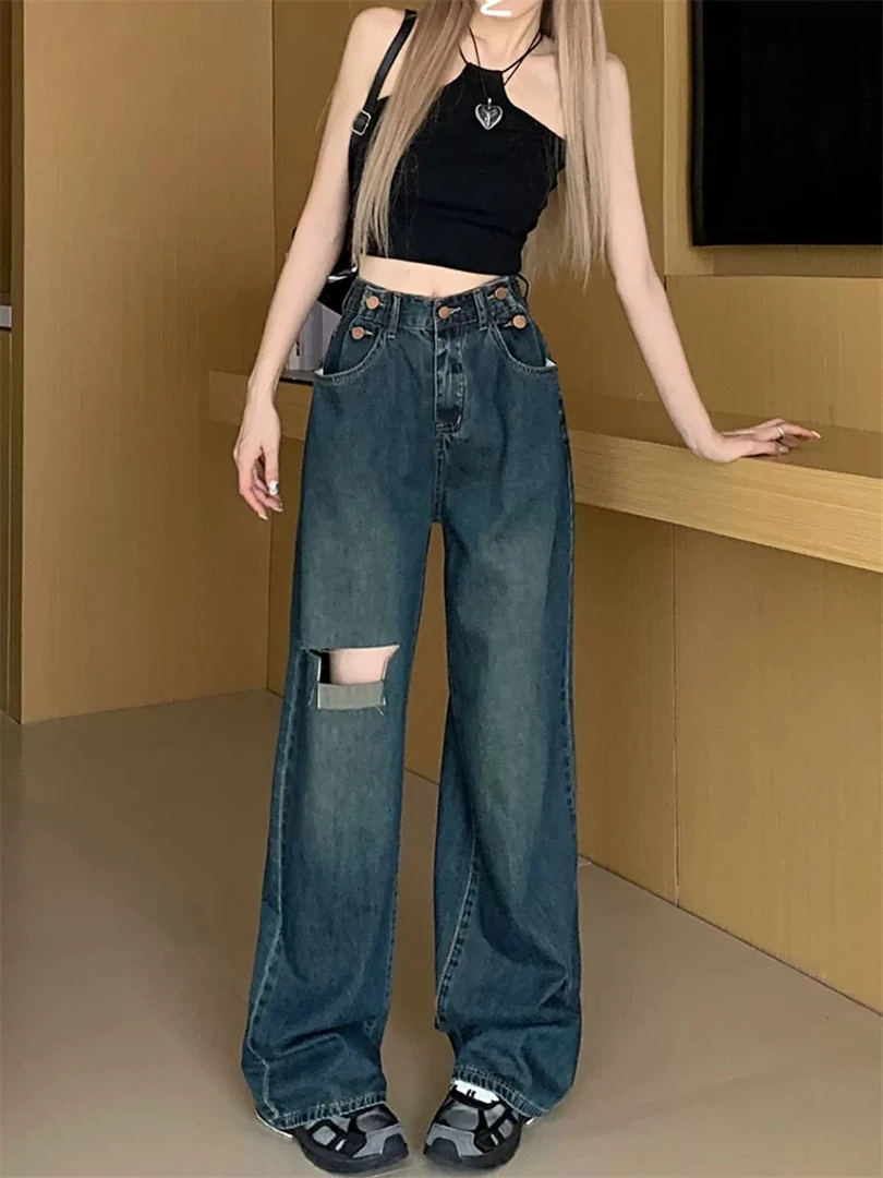 211-复古深蓝破洞牛仔裤水洗高腰宽松显瘦直筒阔腿拖地裤