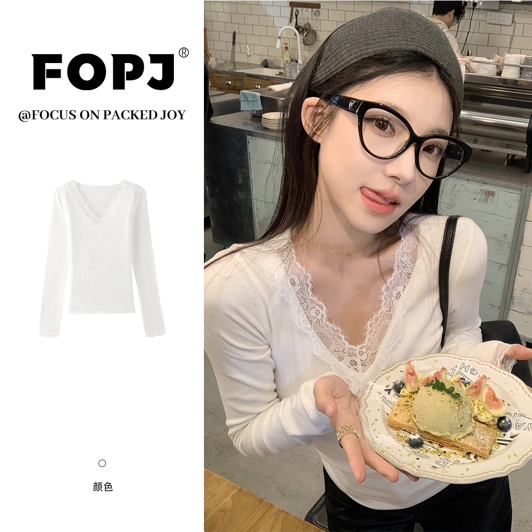 FOPJ春秋蕾丝拼接白色德绒保暖洋气可外穿打底t恤女百搭精致上衣