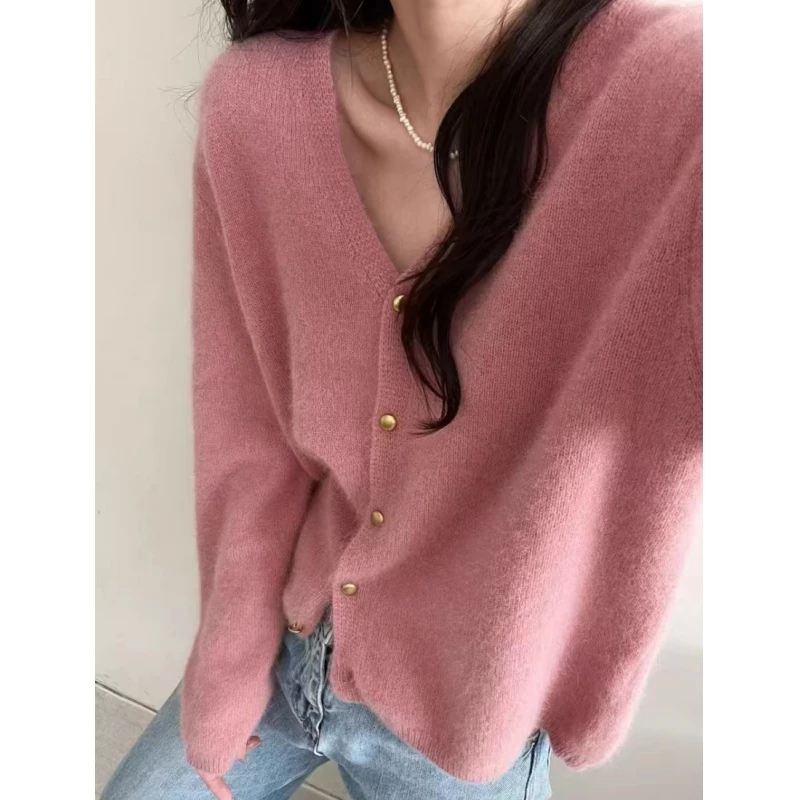 粉色气质韩系春季新品长袖小金豆子针织开衫女