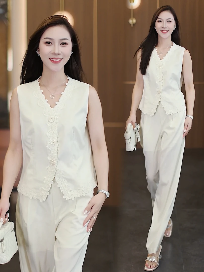 时尚套装女2025夏季新款洋气显瘦减龄蕾丝拼接上衣阔腿裤两件套潮