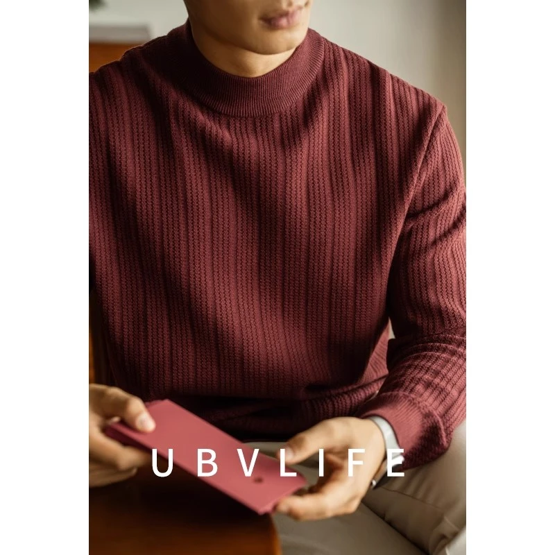 美式14针波浪纹理小中领针织衫男士2025冬季本命年保暖红色毛衣