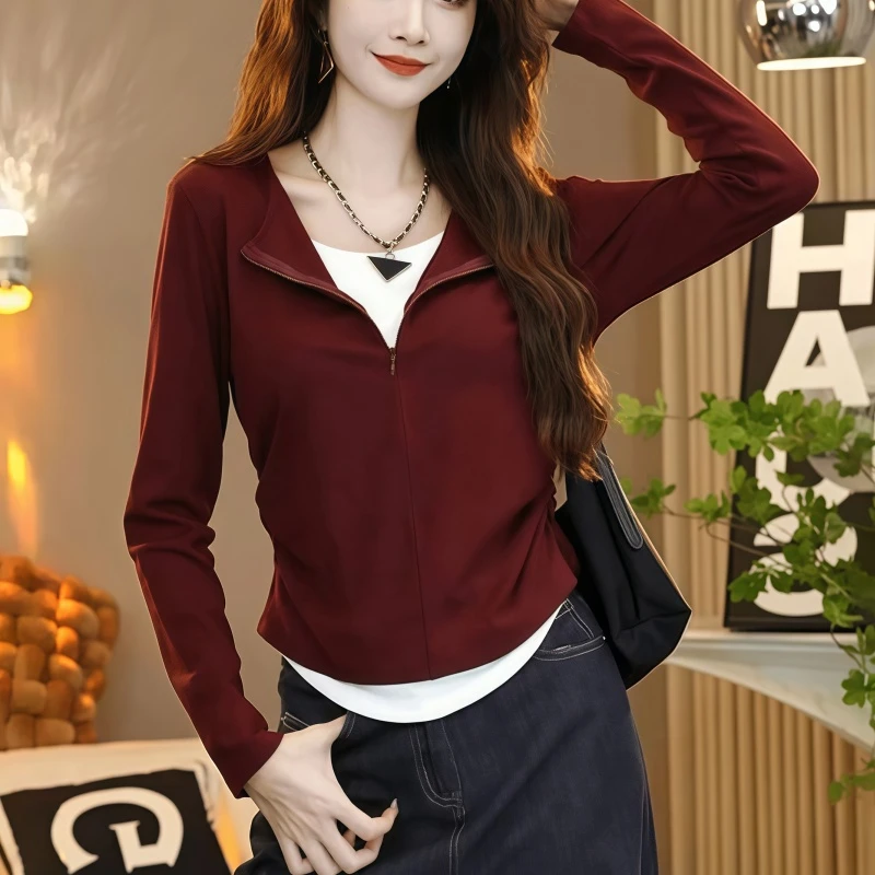 2025春季新款时尚拼接撞色长袖T恤女装假两件修身显瘦打底衫上衣