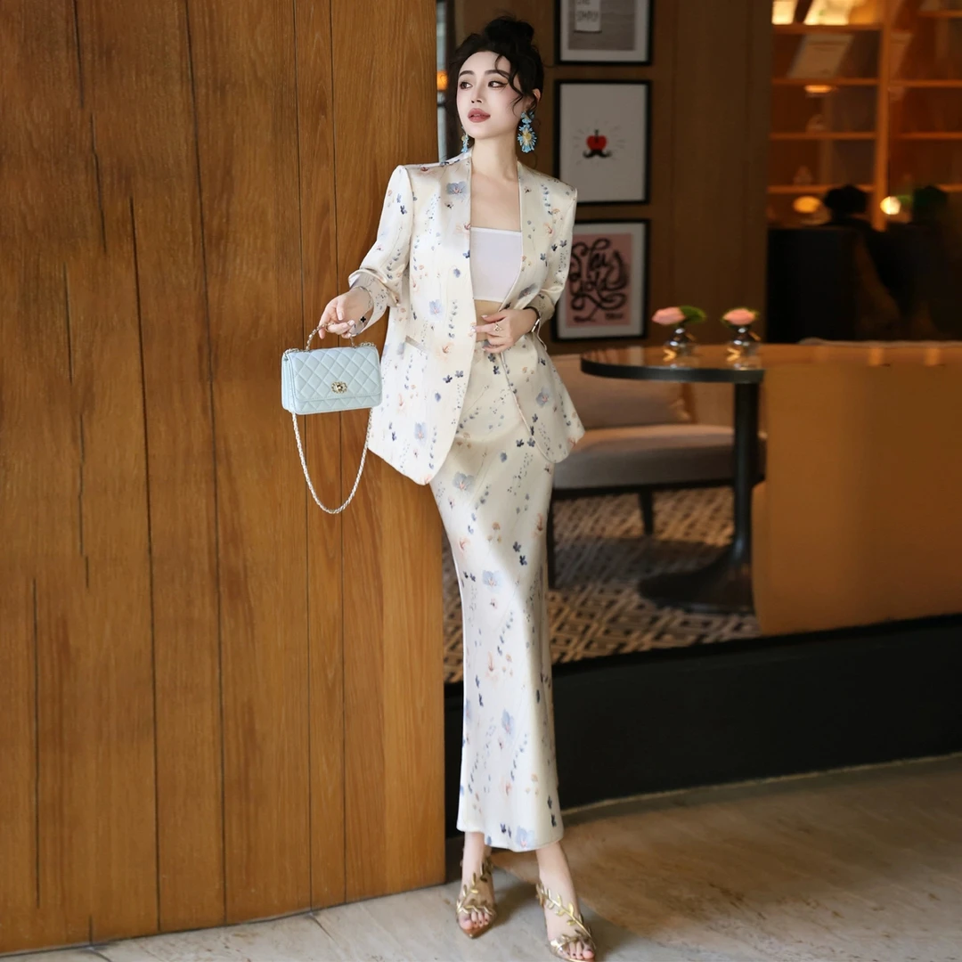 夏季甜美小香风醋酸套装裙2025气质减龄碎花外套小衫半身裙两件套