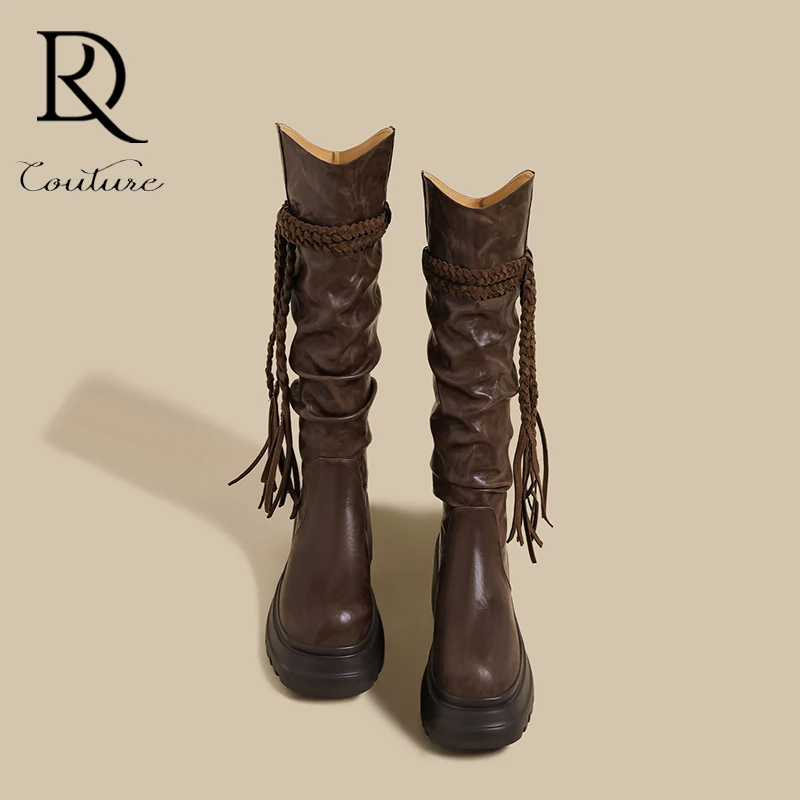 【DR专柜正品】2025秋季爆款新款v口长靴女流苏堆堆西部高筒骑士靴