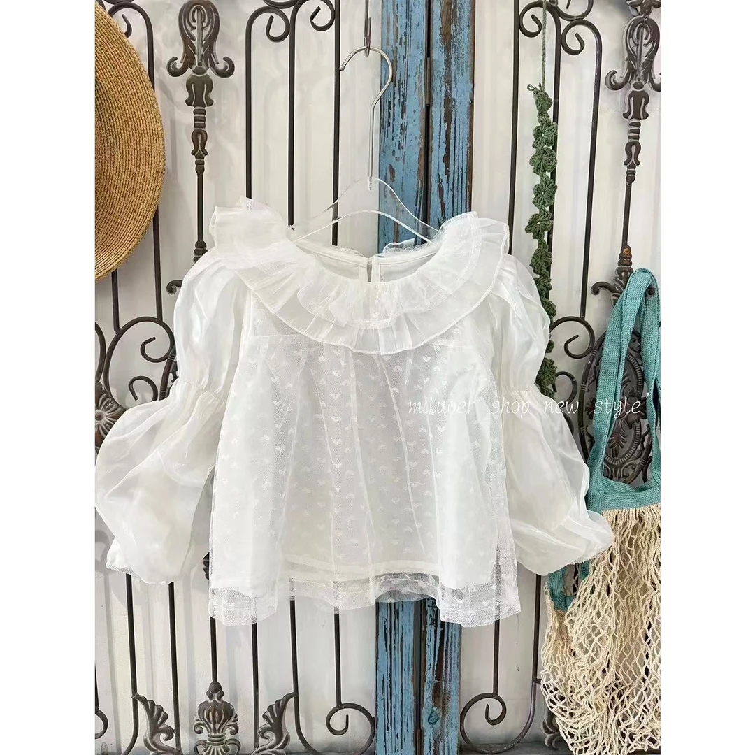 现货秋超百搭女童蕾丝泡泡袖长袖打底衫韩版洛丽塔裙内搭柔软衬衫