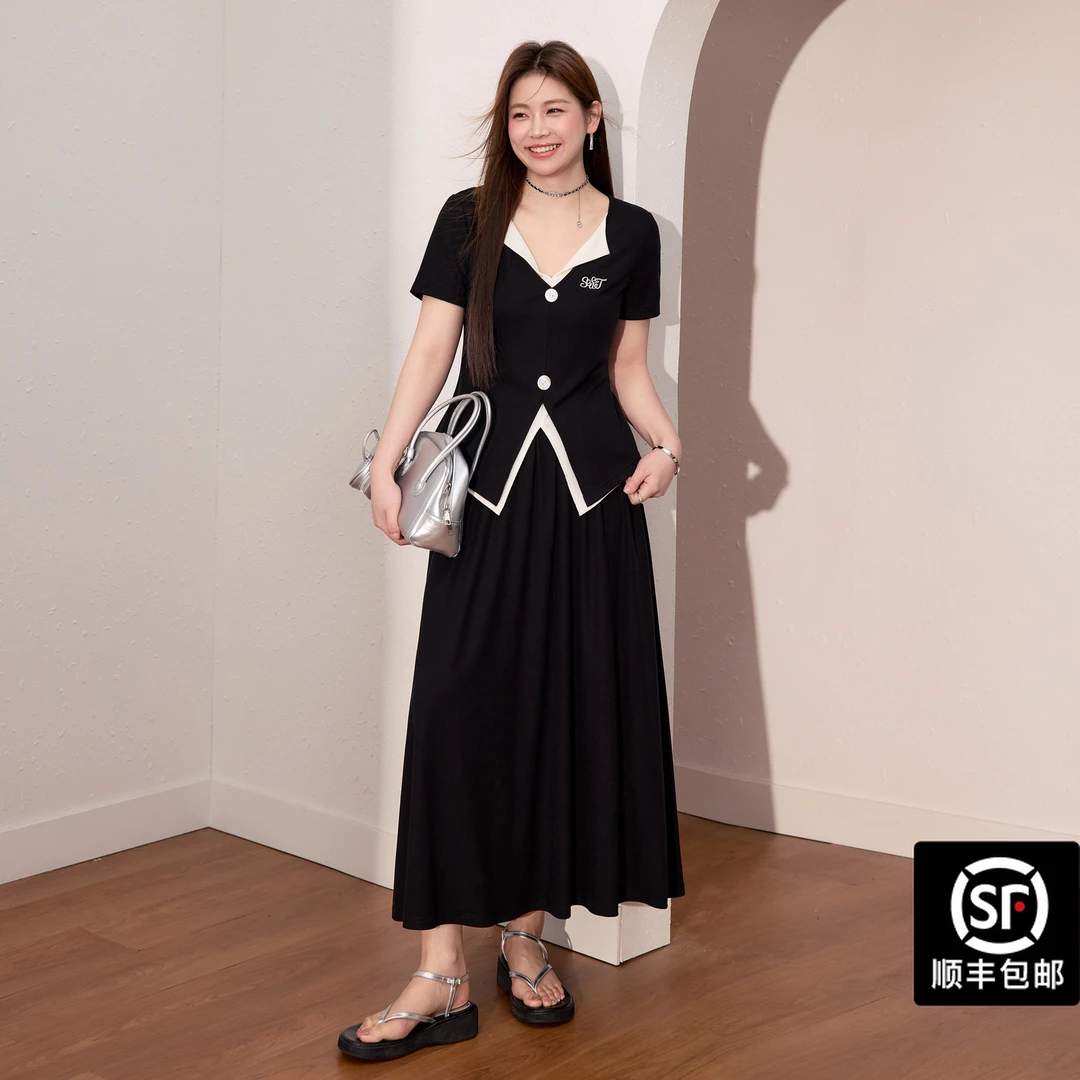 蓝语大码女装莱赛尔假两件短袖上衣显瘦a字半身裙夏套装06501