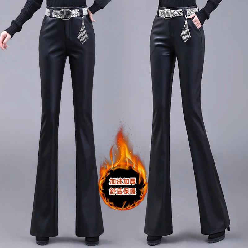 高腰外穿加绒加厚皮裤女秋冬时尚百搭哑光pu皮炸街风女装微喇叭裤